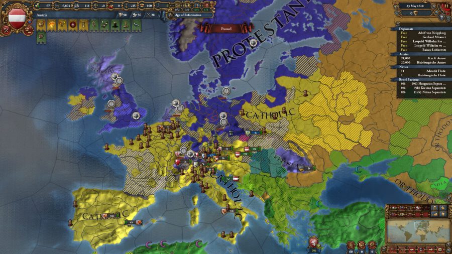 An overview of the map of Europa Universalis IV. It shows the religious influence by country, with mainland Europe mostly being Catholic, though other religions have a sizeable spread across multiple nations as the leading religion in those countries.