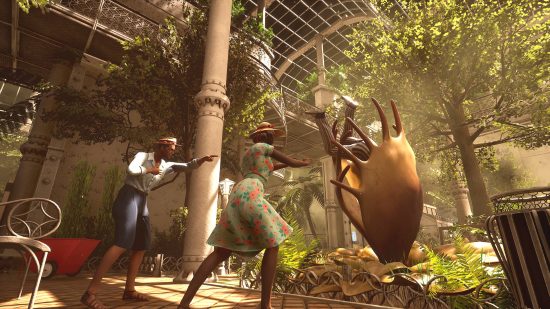 Games like Among Us have a man being eaten by a giant venus fly trap and two people in summer clothes pointing out the spectacle in First-Class Trouble.