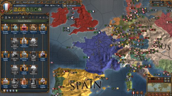 a shot of france and europe in eu4, with the french mission tree menu open
