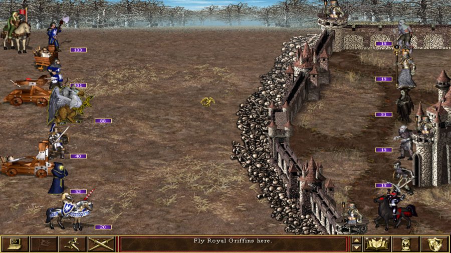 Several allies, including a Griffon and several siege weapons, are laying siege to a bunch of undead monsters. A wall covered in bones separates the two armies.