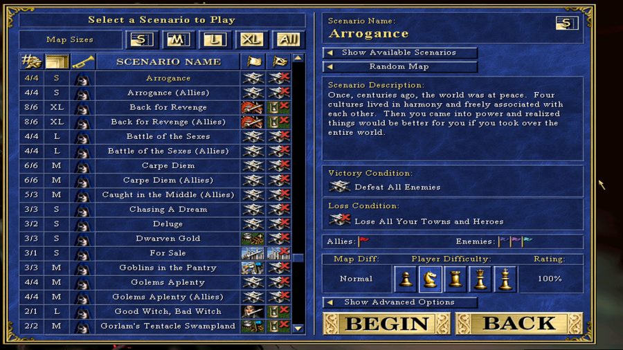 A map screen showing plenty of scenarios to choose from. The one named 'Arrogance' is selected with a scenario description, victory condition, and loss condition. Player has selected normal difficulty.