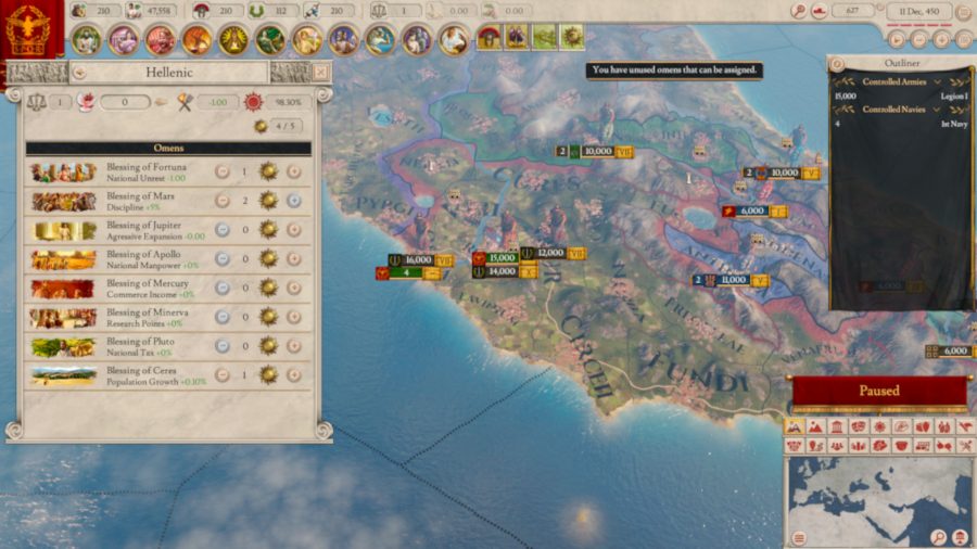 A look at the Hellenic faction's omens screen. Several blessings are shown.