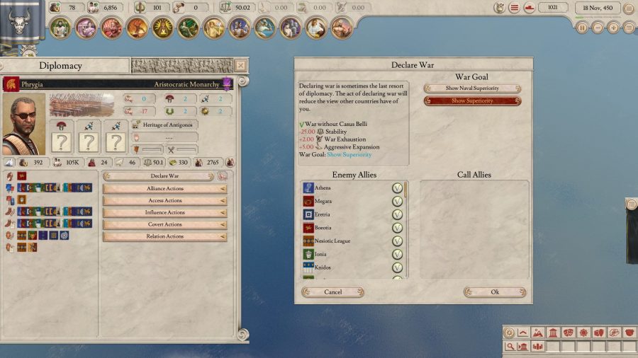 The diplomacy window is open on Phrygia. A separate window has options for declaring war and war goals.