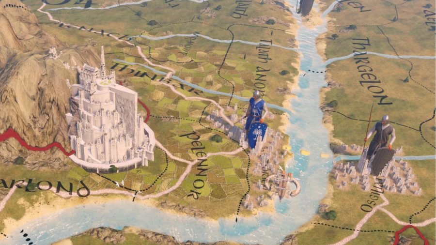 The map is focused on Gondor. Two armies of men are standing across the river from each other in nearby settlements.