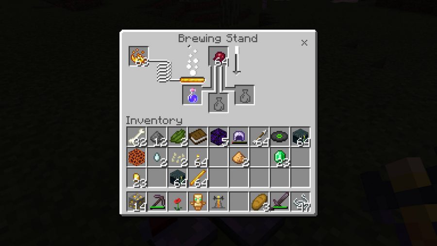 Upgrading a night vision potion into an invisibility potion by using a Minecraft brewing station.
