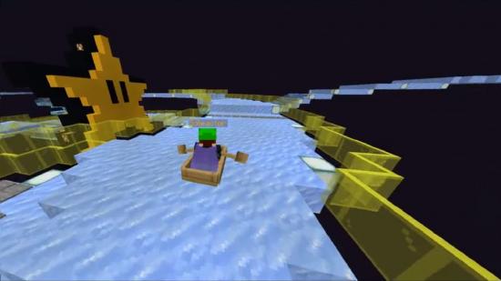 Minecraft player in a boat, sailing across their recreation of Mario Kart 64's rainbow road. A star looks on encouragingly.