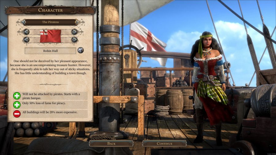 a character selection screen showing a female avatar in pirate garb