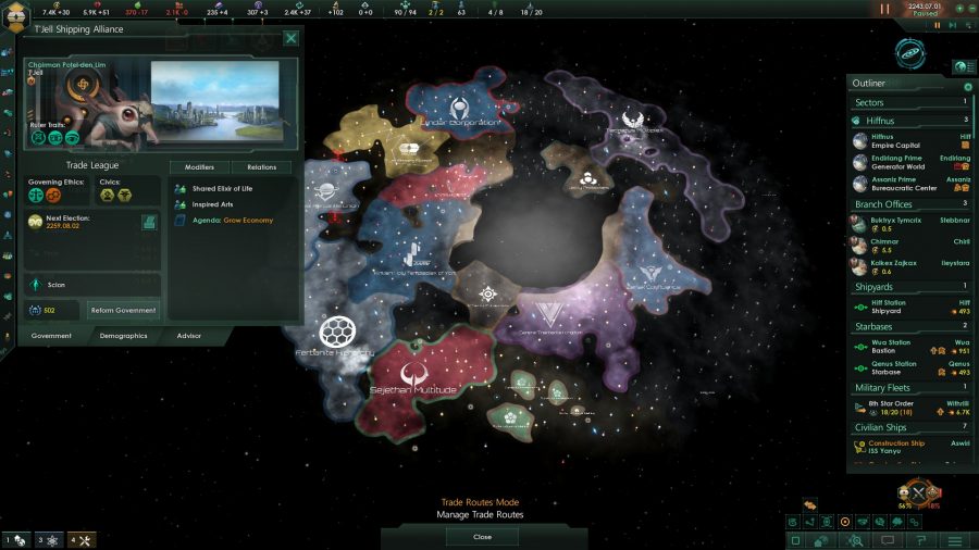 A wide shot of the galaxy map in Stellaris, one of the best 4X games