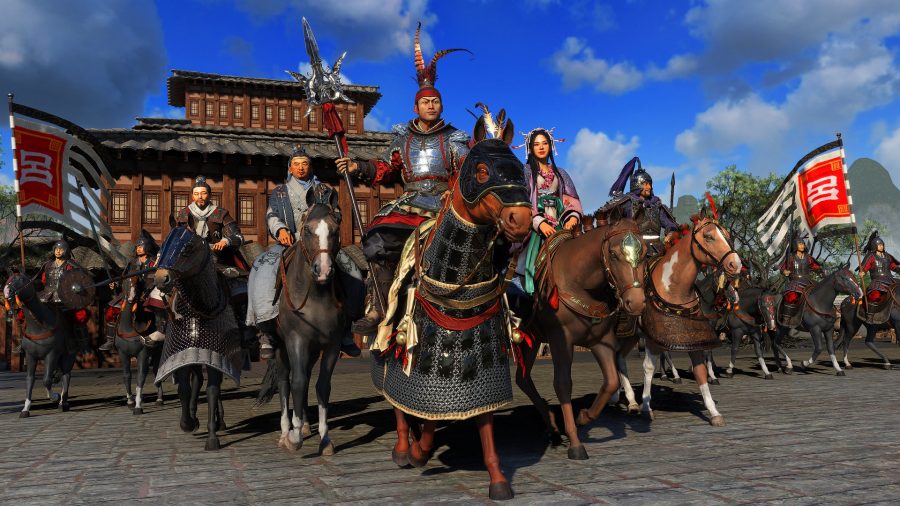 a mounted, armoured man leads a group of mounted followers