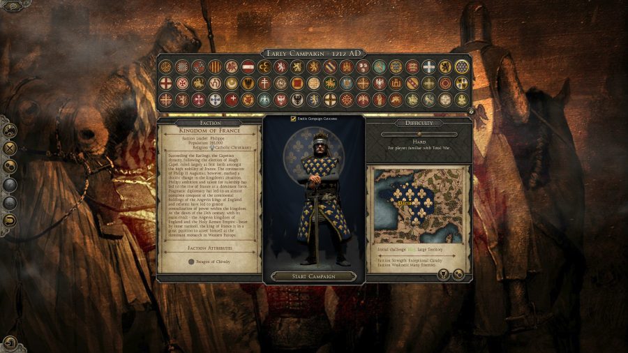 Faction selection has selected Kingdom of France. It has a prologue, a difficulty selection, and a model of the king of France.
