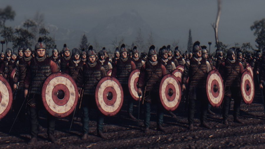 Some of the Romani units featured in this mod. They all have shields, swords, and stern expressions.