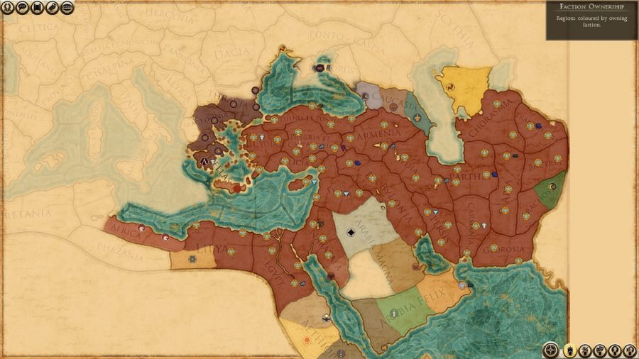 Un colpo della mappa della campagna che mostra il Medio Oriente e l'Arabia. Era dell'Impero persiano