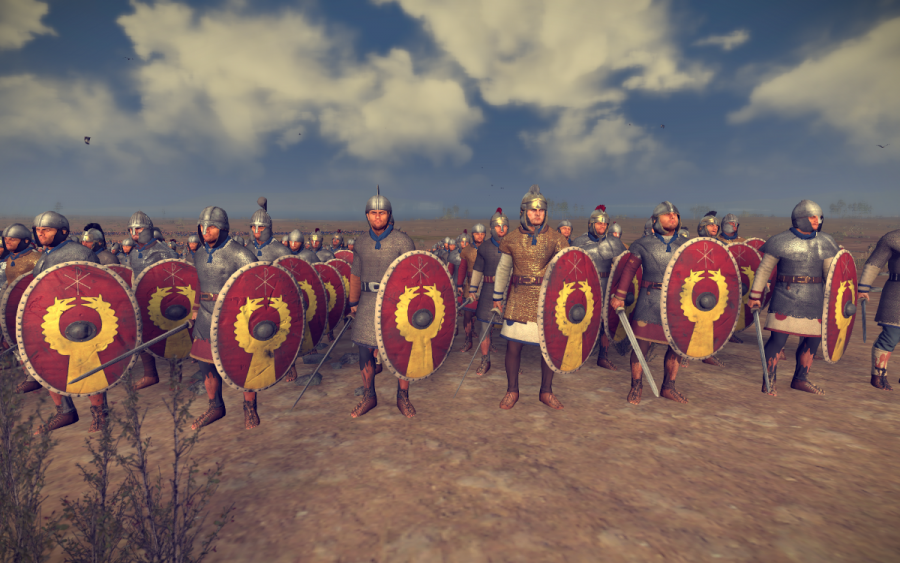 Diverse linee di soldati dell'Impero tardo romano con scudi e spade. pesantemente corazzato