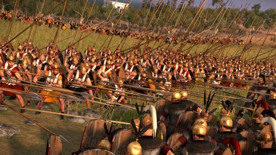 Two armies clashing together. The romans have their shields up while the opposing armies have lances pointed at them.