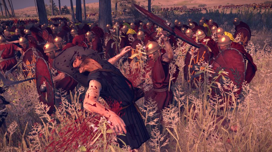 A whole bunch of Romans are attacking enemies. One of them has slashed a peasant's side with his shield and blood is gushing from the wound. This was the most tasteful image we could find.