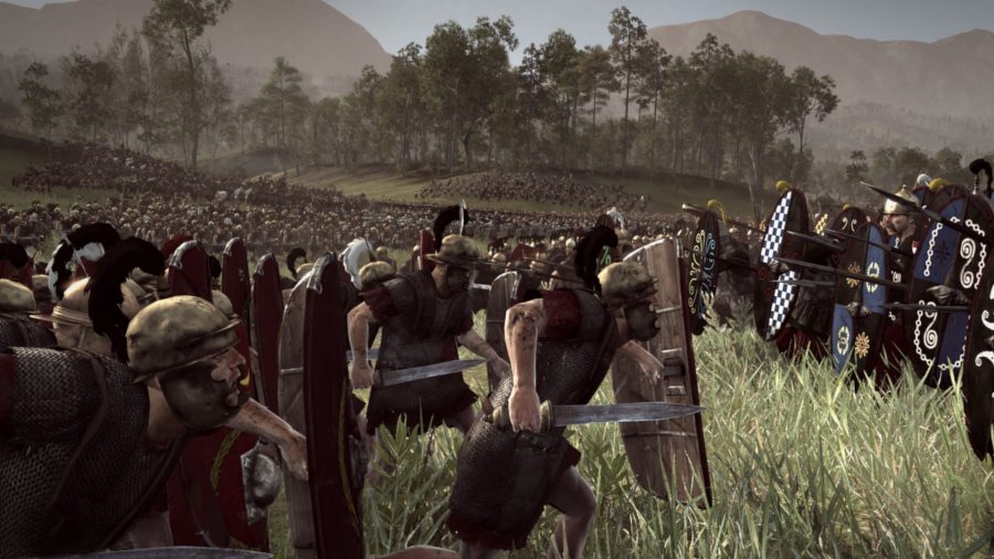 Une armée romaine charge sur une armée gauloise.  Les deux côtés ont de très grands boucliers.