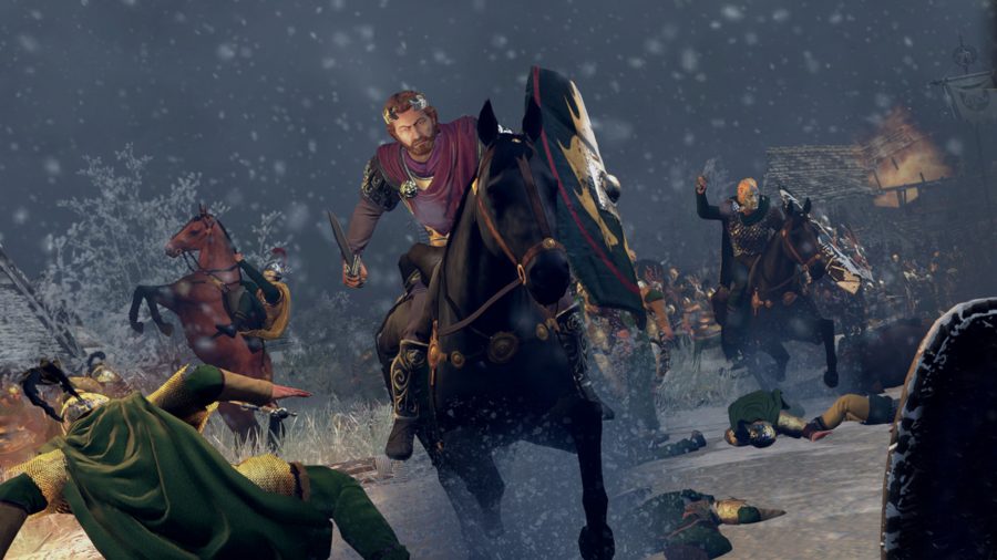 A king is charging through enemies in a snowy camp. Several enemies are dead. One of the horses in the background is rearing up, but the rest are focused.