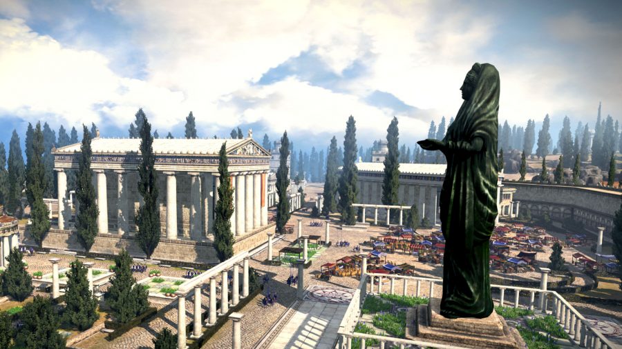 A scenic city view of a Greek city. Several temples can be seen and there's a market close to the giant green statue of a woman.