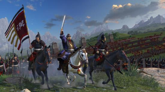 A massive Shogun army, complete with siege towers, looms in the background as three generals lead the way on horseback. The horses are graceful.