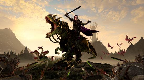 An elf riding on top of a dinosaur is brandishing a sword and wearing dark armour. The dinosaur is roaring menacingly.