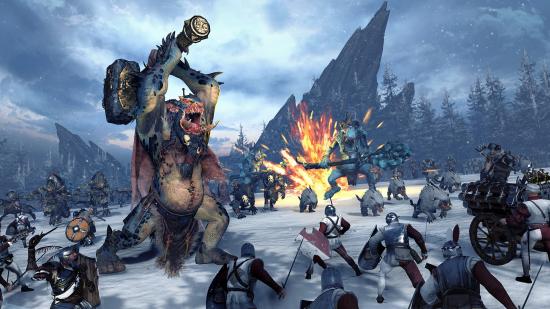 snow troll thing raises its hammer to blat puny humans underneath
