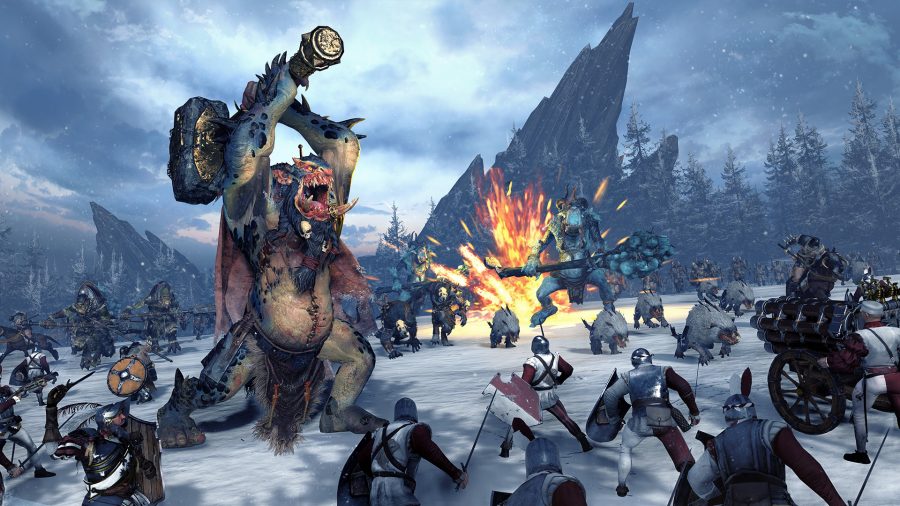 the snow troll raises a hammer to throw meager people underneath