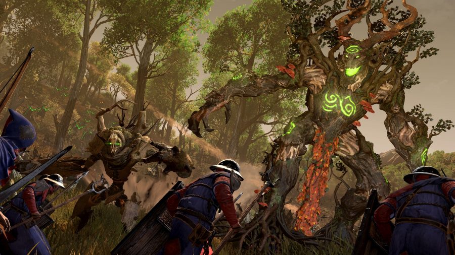 human soldiers attempting to attack a giant tree
