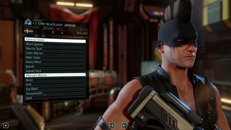 a customisation menu featuring a man with a Mohawk and black face paint
