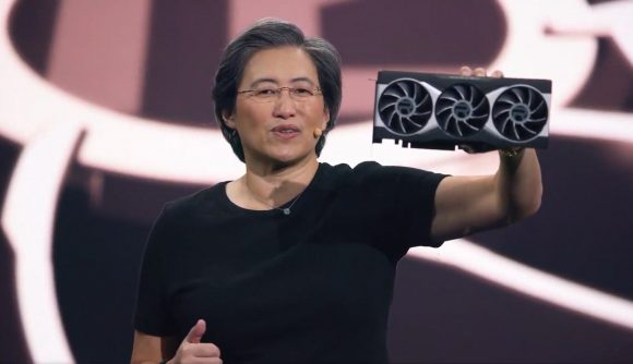 AMD CEO Lisa Su showing off the new AMD Radeon RX 6900 XT graphics card