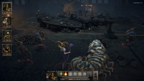 a female warrior with a slug thing and guards surround a single knight