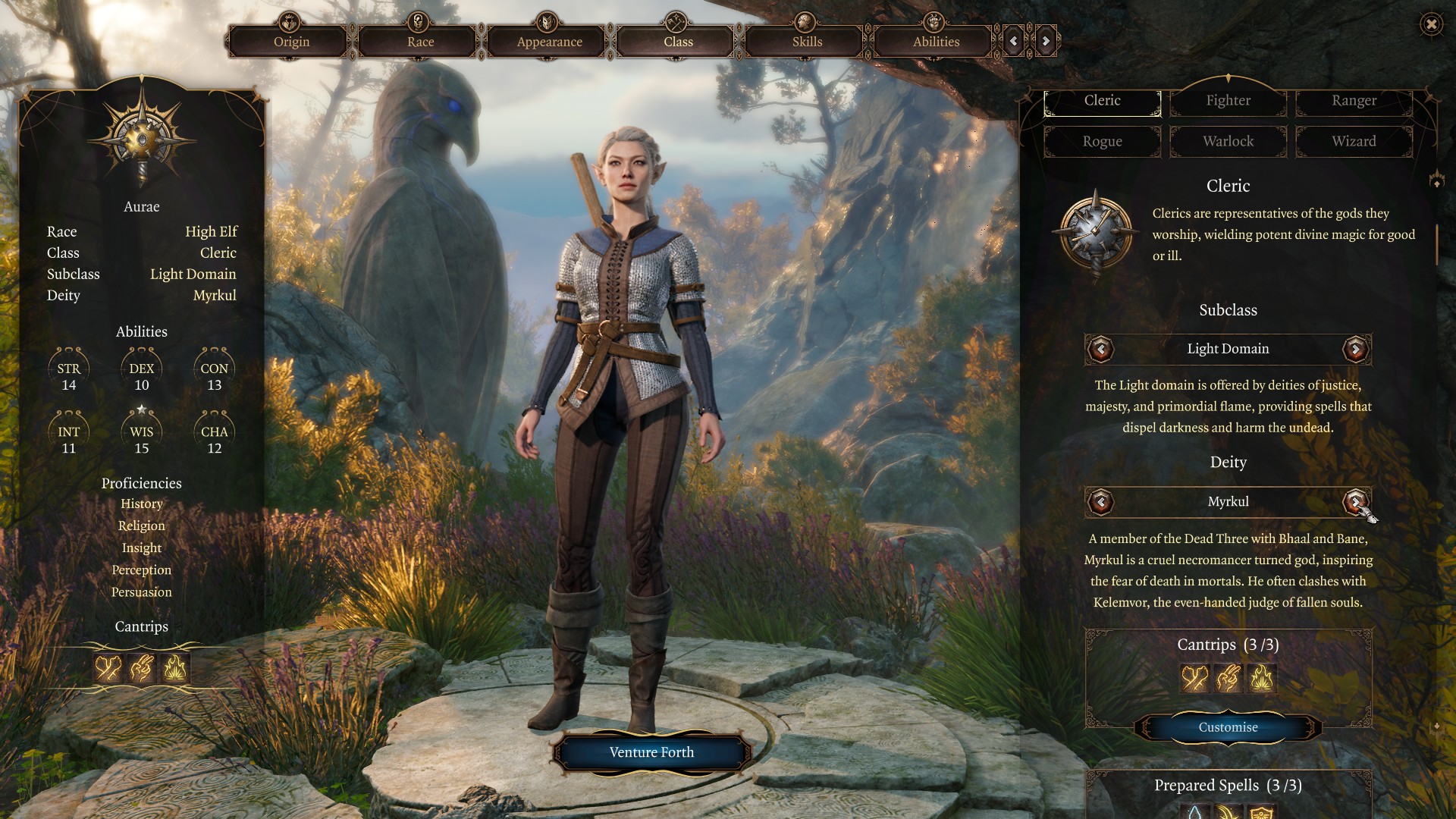 Baldur's Gate 3 classes: A High-Elf Cleric on the character creation screen.