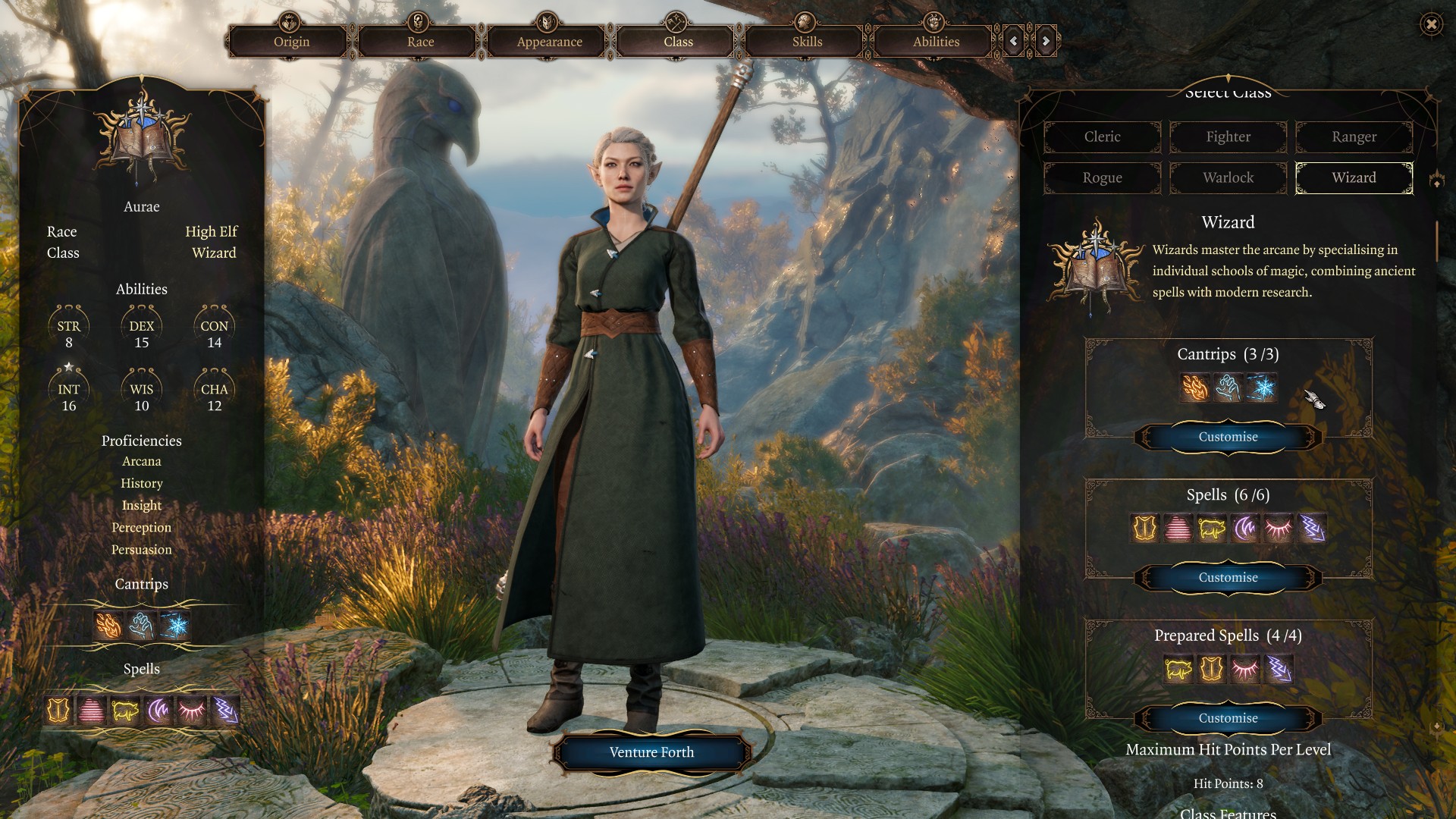 Baldur's Gate 3 classes: a High-Elf Wizard in the character creation screen.