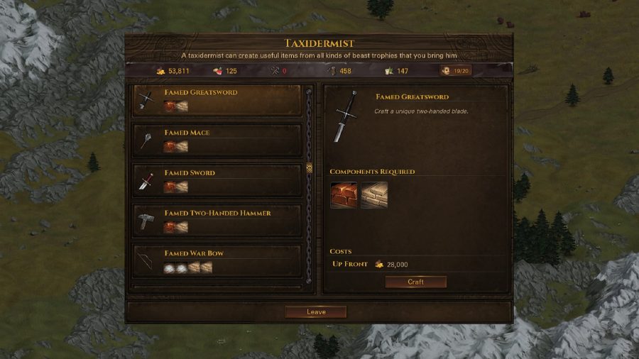 a menu where you can see craftable weapons and their material cost
