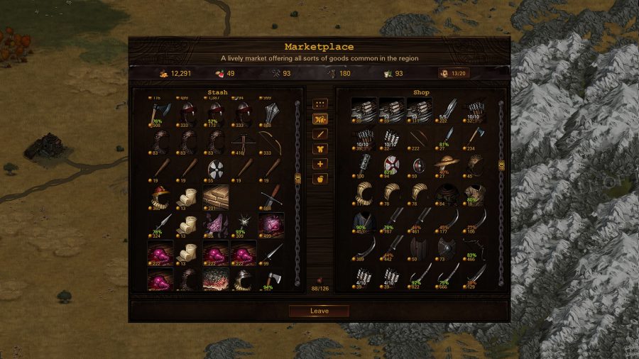 an inventory screen showing lots of items and prices