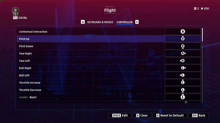 A screenshot of Star Wars Squadron's gamepad controls menu.