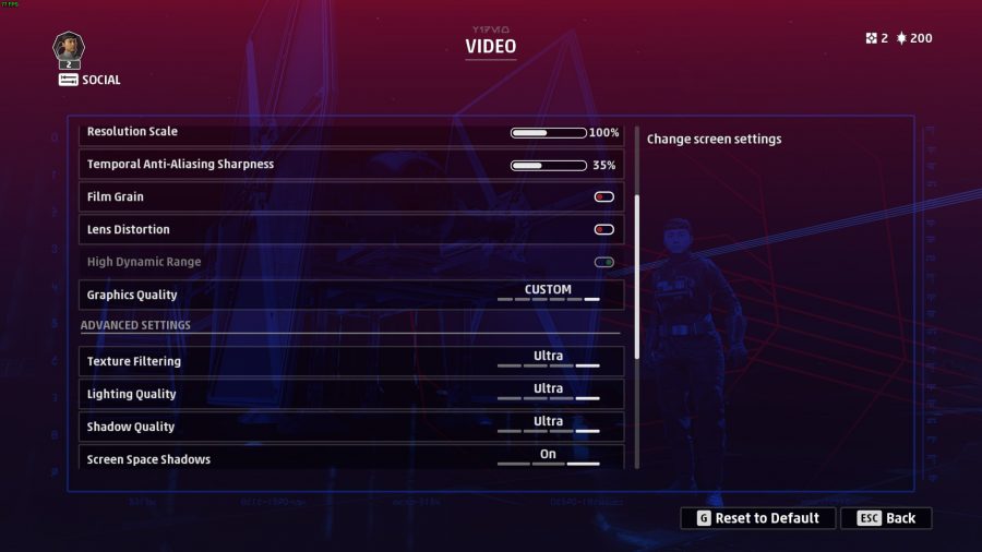 The video menu shows graphical settings. Temporal Anti-Aliasing is split into quality (low and high) and sharpness, which is pictured here. All other settings are set to Ultra or On.