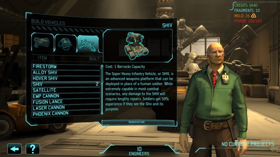 an older man standing in a repair bay, a ui menu next to with with items to build.