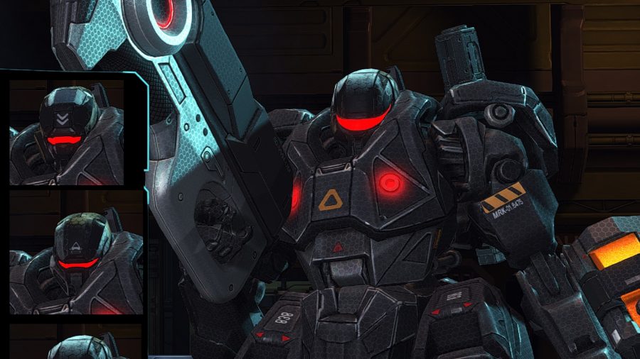 a mec suit with glowing red lights