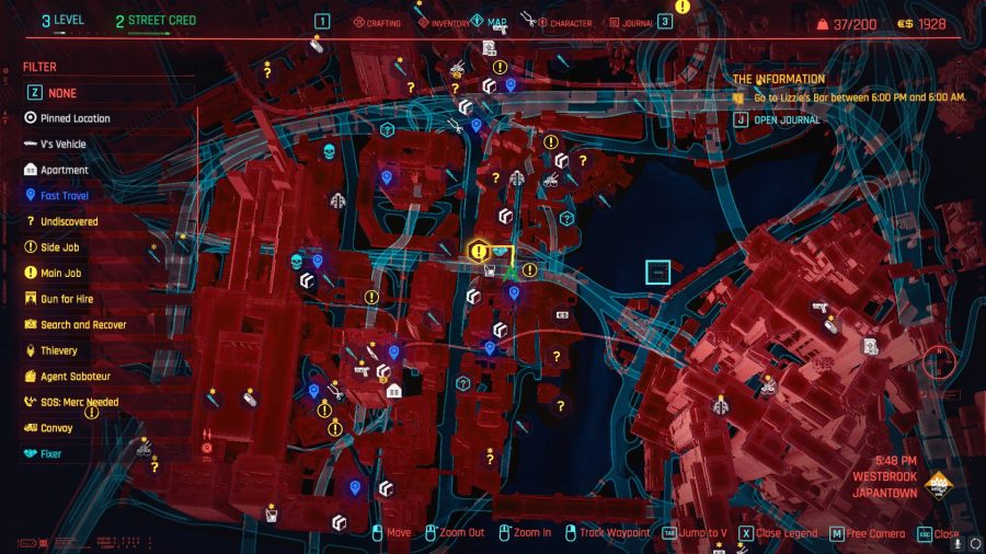 A red map of Cyberpunk 2077 with various points of interest