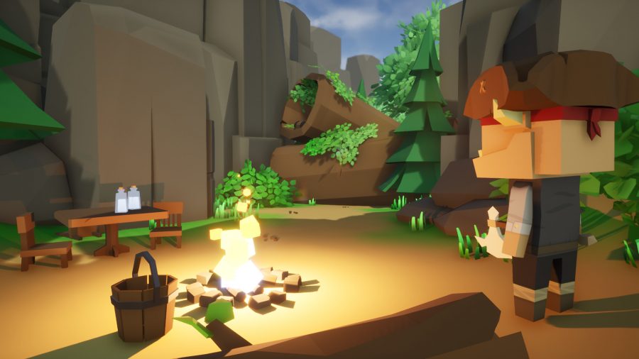 The player, dressed in a pirate hat and holding an axe, is standing next to a warm campfire in a secluded spot. There is a bucket next to the fire and two milk bottles on a wooden table.