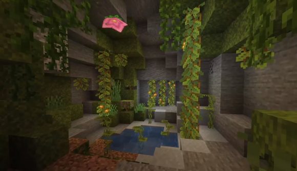 The Lush Caves are home to several plants, including berries growing on vines and large pink flowers that emit particles from the ceiling.