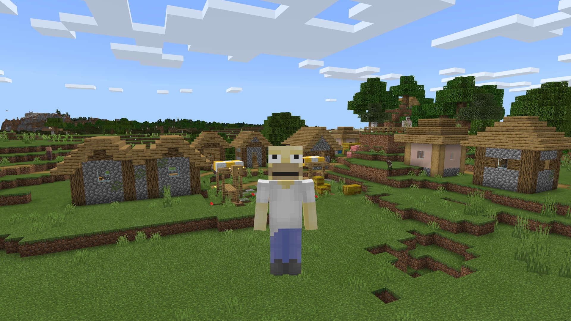 Minecraft skins: a player using the Bright Girl skin floating above a woodland area.