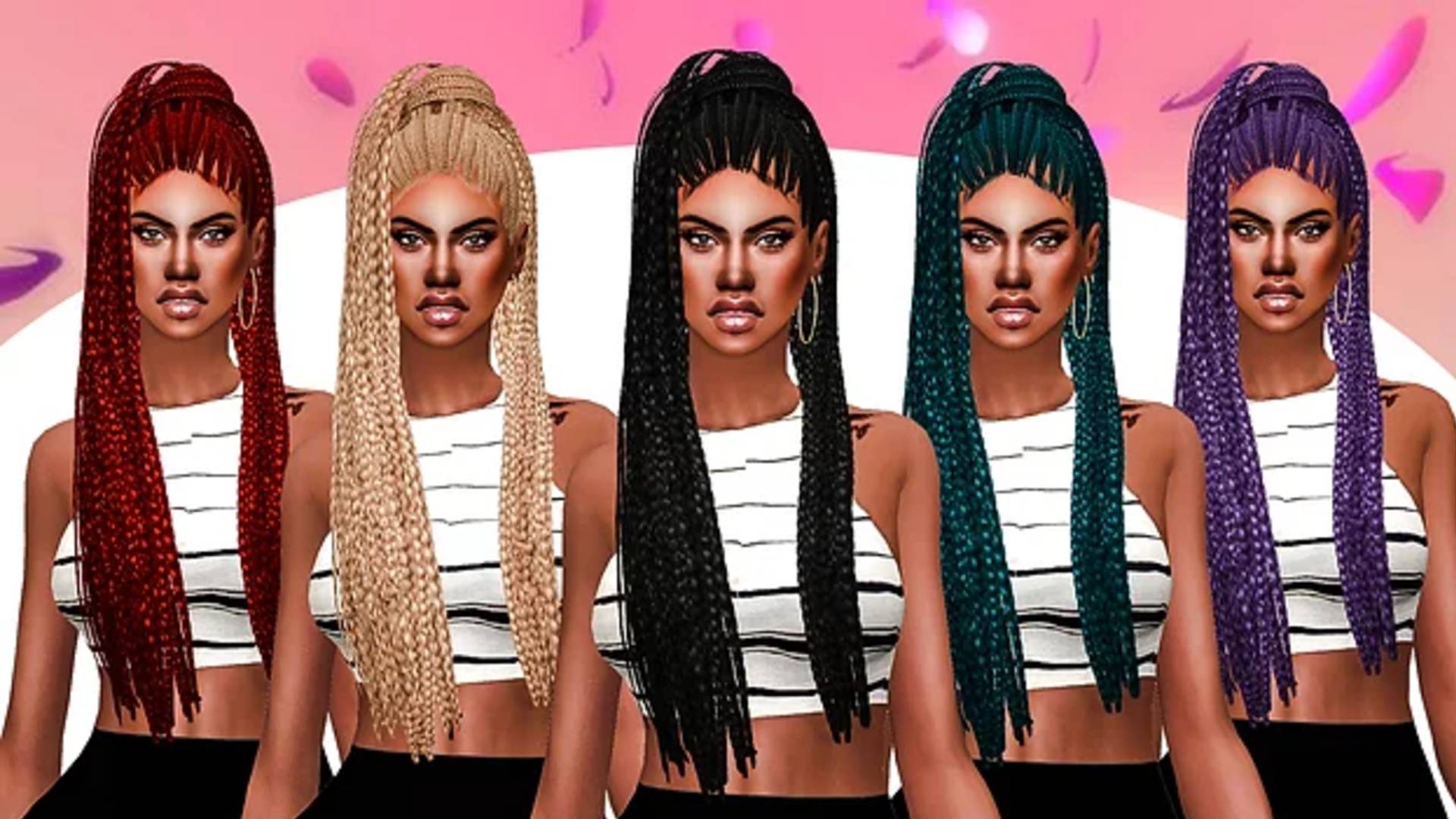 Sims 4 CC: A Sim modelling a custom dreadlock hair style in a variety of colours, from red to blonde to purple.