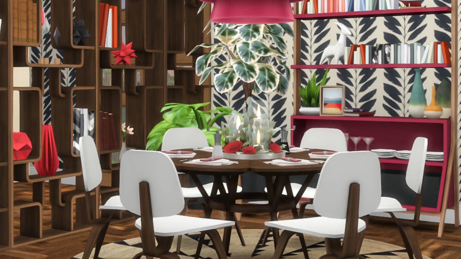 Sims 4 CC: Dining room with colorful patterned decorations and furniture.