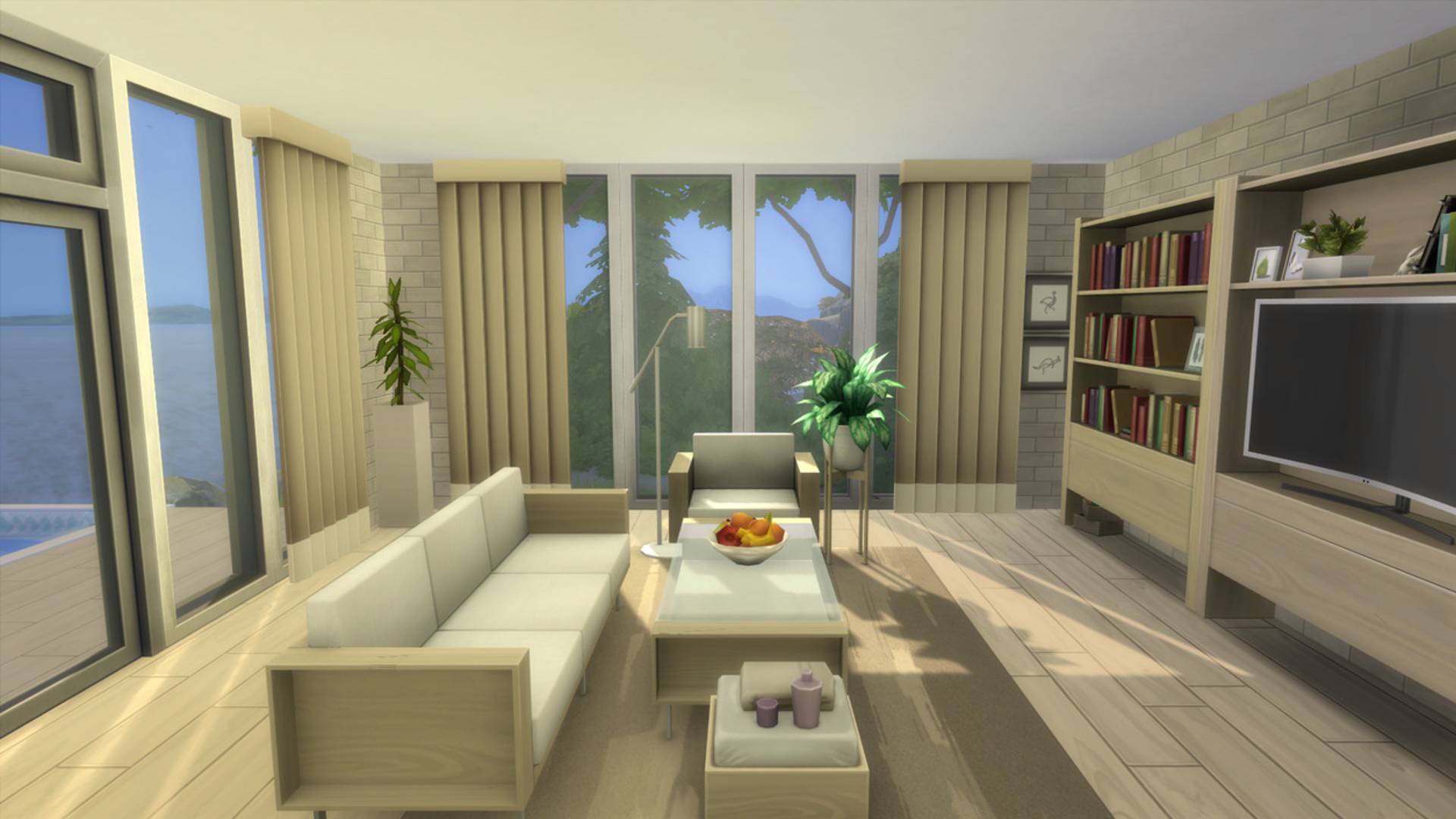 Sims 4 CC: una sala de estar elegante y minimalista en color hueso, con una estantería con libros y un televisor grande.