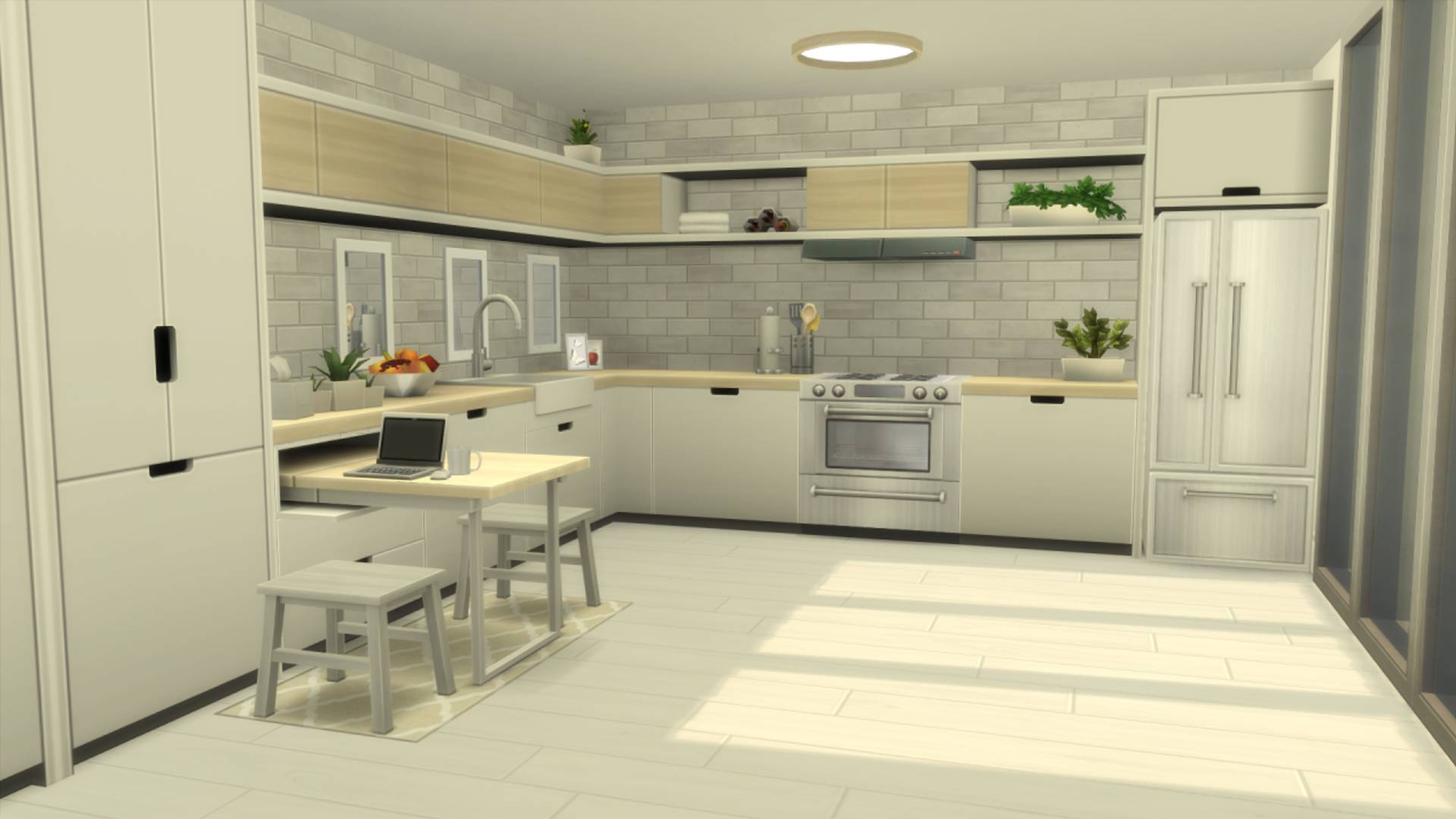 Sims 4 CC: A kitchen that matches the minimalist look of the living room, including a pull-out breakfast table attached to one of the kitchen units.