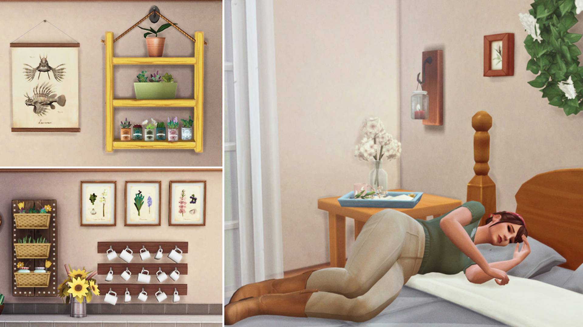 Sims 4 CC: contenido personalizado que incluye marcos para fotos, una bandeja de desayuno, un portavasos flotante y jardineras.