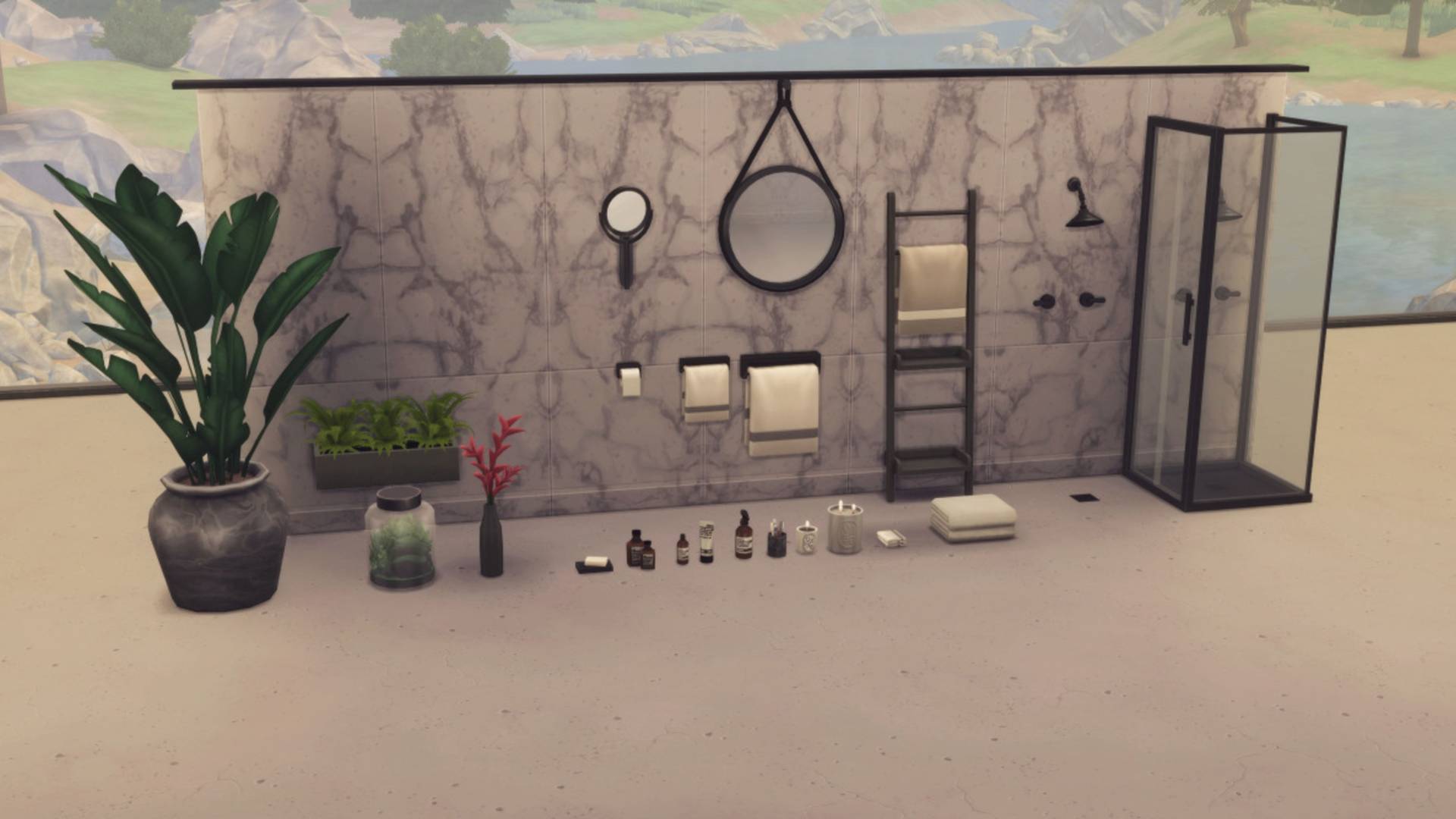 Sims 4 CC packs: Custom content for a kitchen, including different sizes of towel rails, mirrors, and various toiletries.