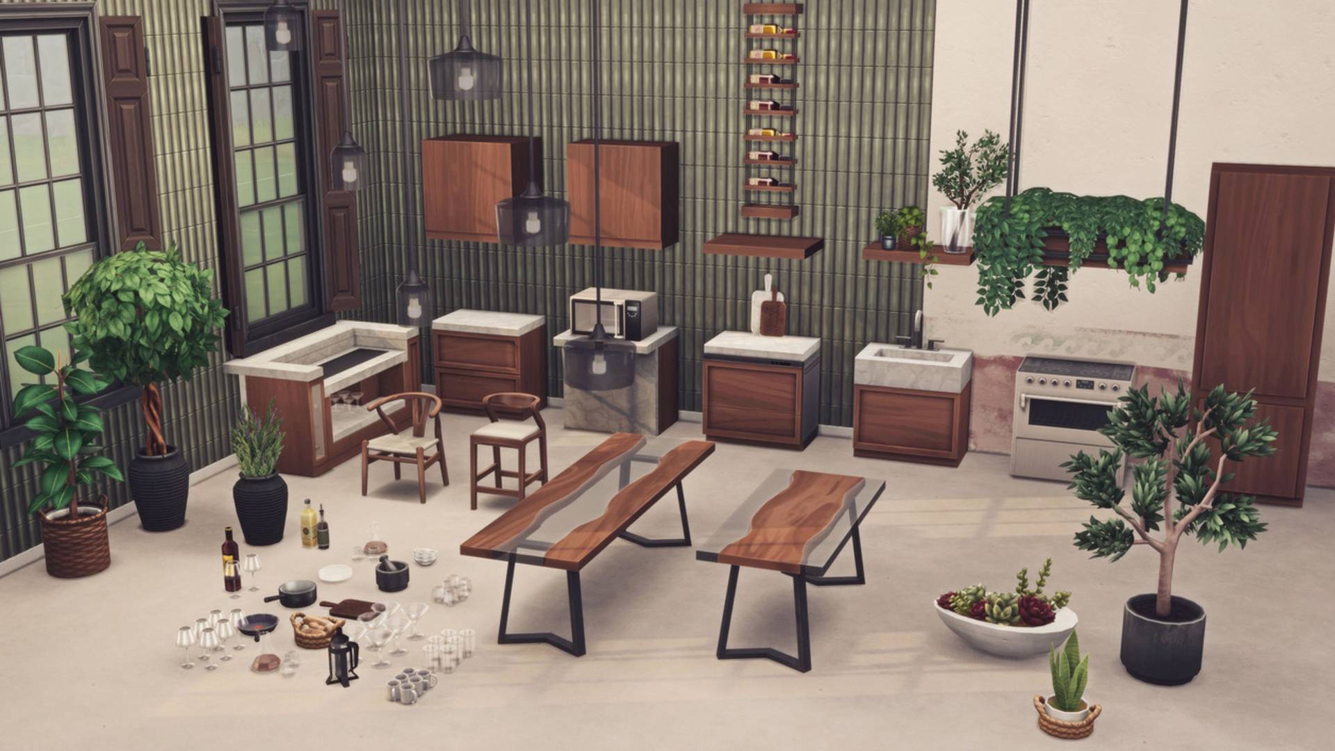 Sims 4 CC: un conjunto de artículos de cocina temáticos personalizados para una casa, que incluyen copas de vino, barras de bar, unidades y plantas.