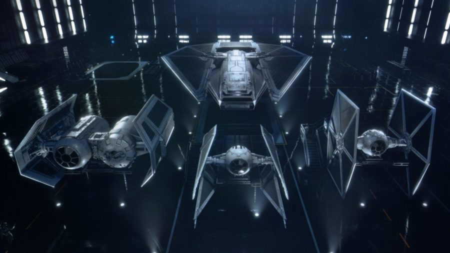 All four types of Empire ship. TIE Fighter is on the right, Interceptor is in the middle, Bomber is on the left, and Reaper is at the back.